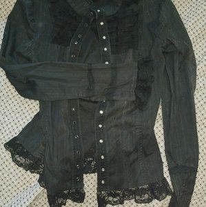 LIP SERVICE rare Goth black lace button up shirt M